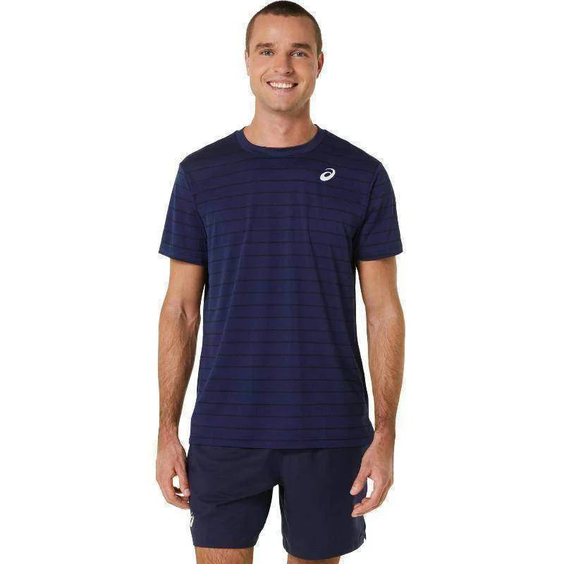 Camiseta Asics Court Stripe Marino Negro Pádel Élite