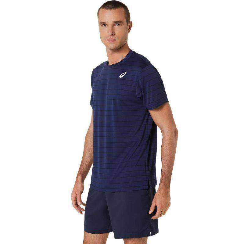 Camiseta Asics Court Stripe Marino Negro Pádel Élite